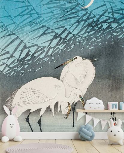 blue oriental art with egrets wallpaper blue oriental art with egrets wallpaper