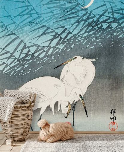 blue oriental art with egrets wallpaper