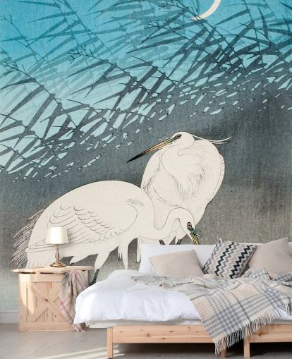 blaue orientalische Kunst mit Reiher-Tapete