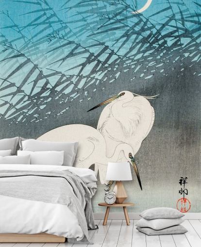 blå orientalsk kunst med egrets tapet