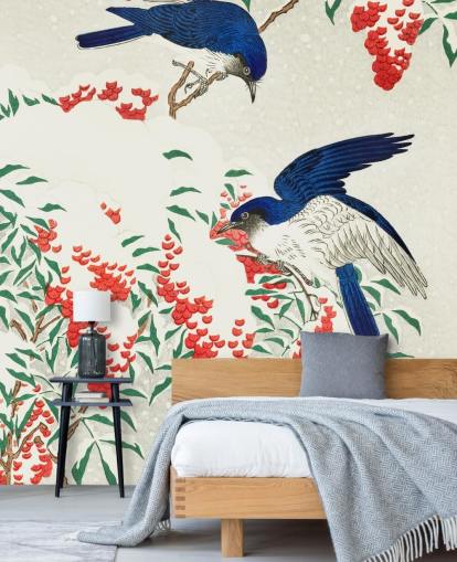 blaue, weiße und rote orientalische Vogeltapete