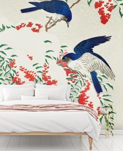 papier peint oiseau oriental bleu, blanc et rouge papier peint oiseau oriental bleu, blanc et rouge