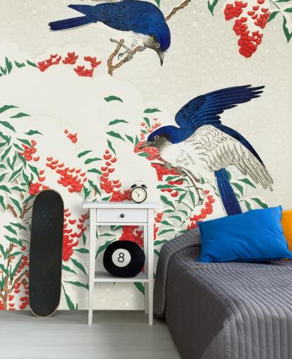 papel de parede pássaro oriental azul, branco e vermelho