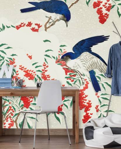 papel pintado pájaro oriental azul, blanco y rojo papel pintado pájaro oriental azul, blanco y rojo