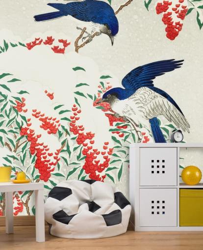 blaue, weiße und rote orientalische Vogeltapete