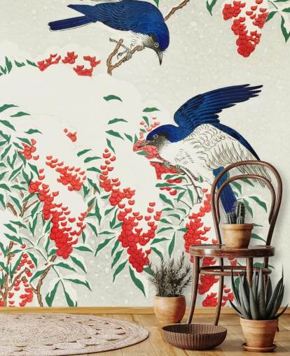 papel de parede pássaro oriental azul, branco e vermelho papel de parede pássaro oriental azul, branco e vermelho