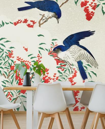 blauw, wit en rood oriëntaalse vogelbehang