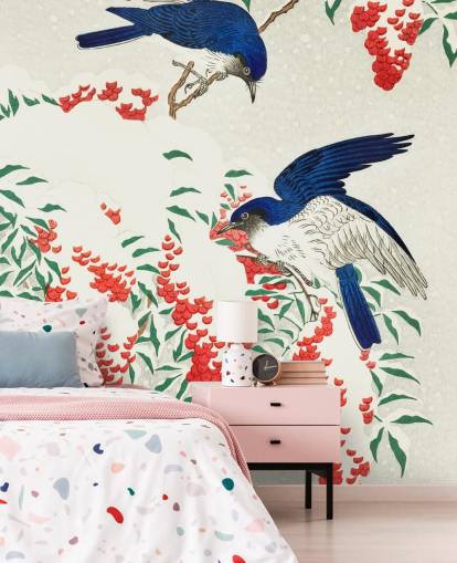 blauw, wit en rood oriëntaalse vogelbehang blauw, wit en rood oriëntaalse vogelbehang