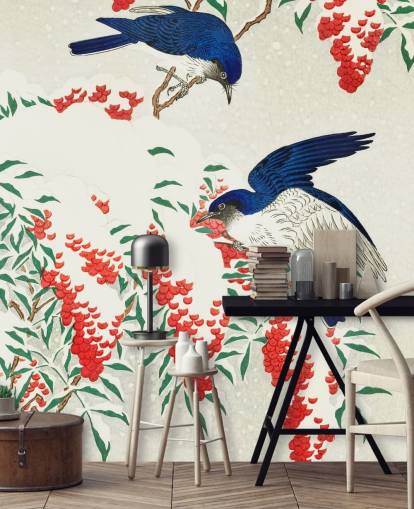 blauw, wit en rood oriëntaalse vogelbehang