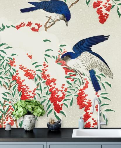 papel de parede pássaro oriental azul, branco e vermelho