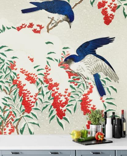 papel pintado pájaro oriental azul, blanco y rojo papel pintado pájaro oriental azul, blanco y rojo