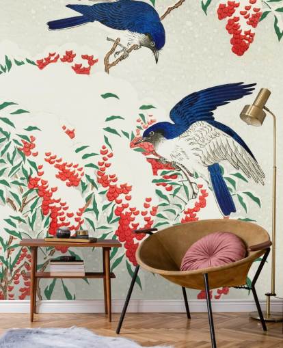 blaue, weiße und rote orientalische Vogeltapete