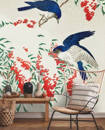 blauw, wit en rood oriëntaalse vogelbehang