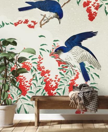 papel de parede pássaro oriental azul, branco e vermelho