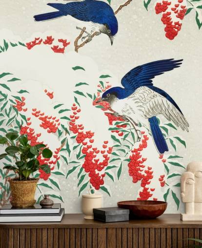 blue, white and red oriental bird wallpaper
