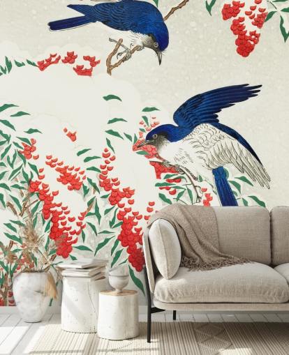 blaue, weiße und rote orientalische Vogeltapete