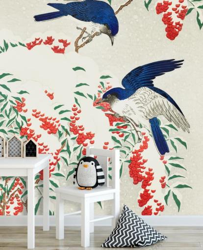 papel de parede pássaro oriental azul, branco e vermelho