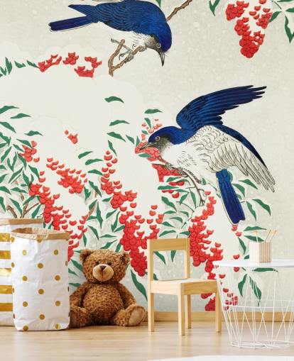 blauw, wit en rood oriëntaalse vogelbehang