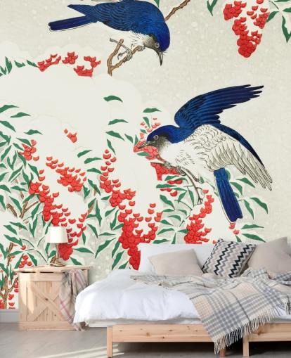 blue, white and red oriental bird wallpaper