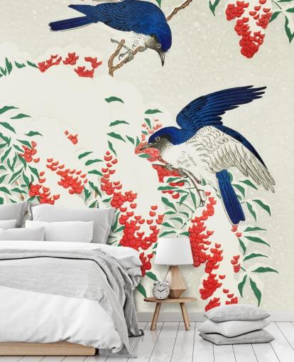 blauw, wit en rood oriëntaalse vogelbehang