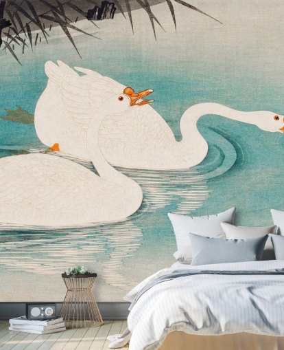 white geese and turquoise waters wallpaper