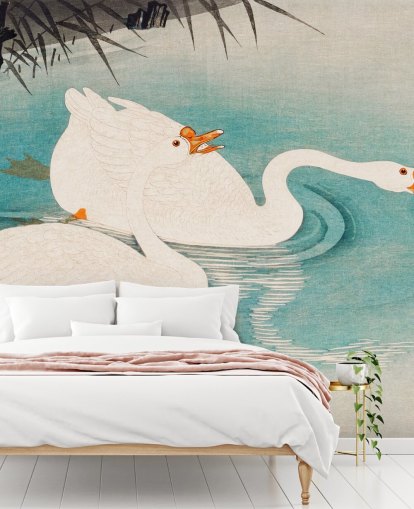 white geese and turquoise waters wallpaper