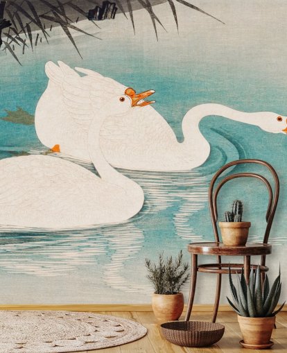 weiße Gänse und türkisfarbenes Wasser Tapete
