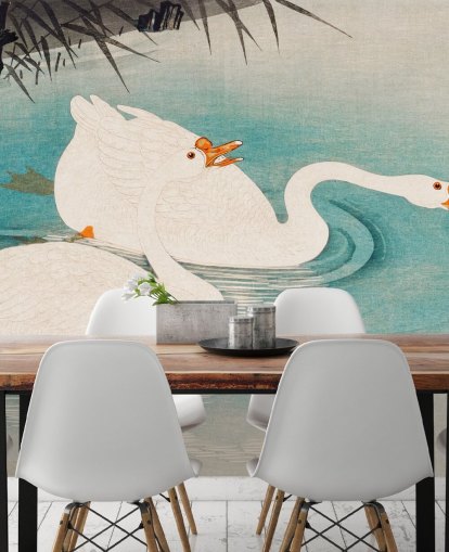 white geese and turquoise waters wallpaper