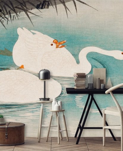 white geese and turquoise waters wallpaper