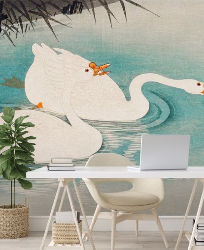 papel pintado de gansos blancos y aguas turquesas