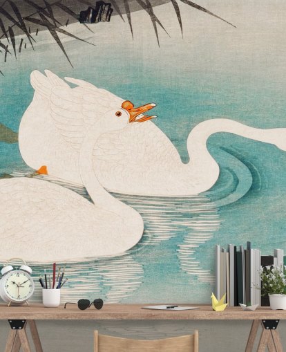 weiße Gänse und türkisfarbenes Wasser Tapete weiße Gänse und türkisfarbenes Wasser Tapete