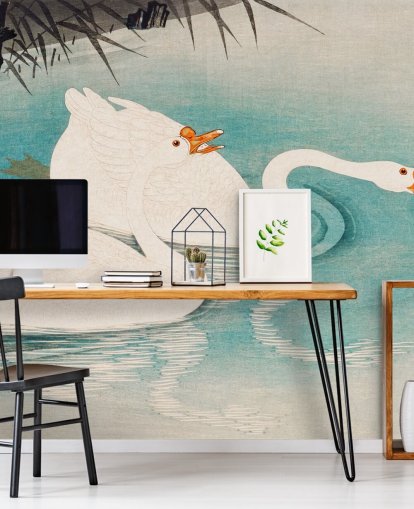 white geese and turquoise waters wallpaper