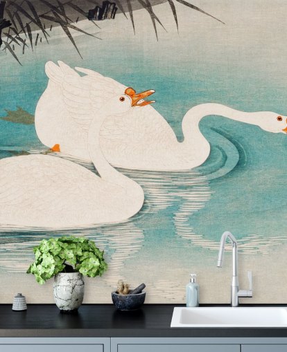 weiße Gänse und türkisfarbenes Wasser Tapete weiße Gänse und türkisfarbenes Wasser Tapete