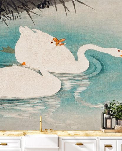 white geese and turquoise waters wallpaper