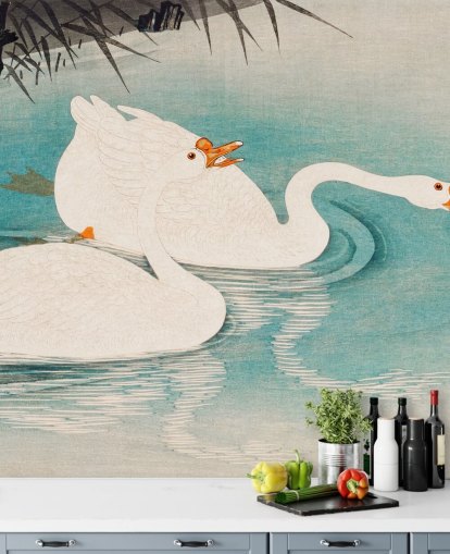 witte ganzen en turquoise water behang witte ganzen en turquoise water behang