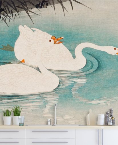 witte ganzen en turquoise water behang witte ganzen en turquoise water behang