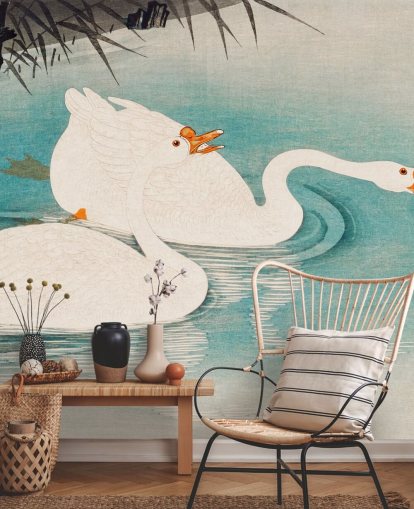white geese and turquoise waters wallpaper