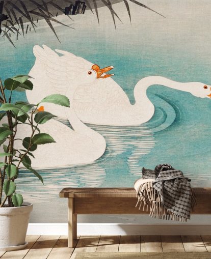 white geese and turquoise waters wallpaper