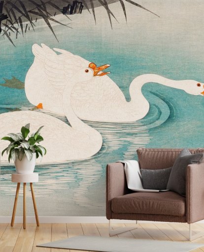 white geese and turquoise waters wallpaper