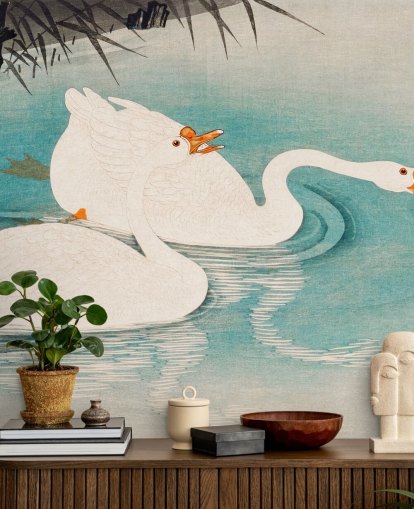 papel pintado de gansos blancos y aguas turquesas
