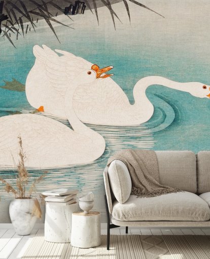 papel pintado de gansos blancos y aguas turquesas