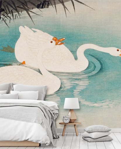 witte ganzen en turquoise water behang witte ganzen en turquoise water behang