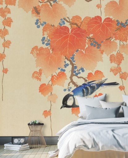 papier peint feuilles d'orange et mésange bleue