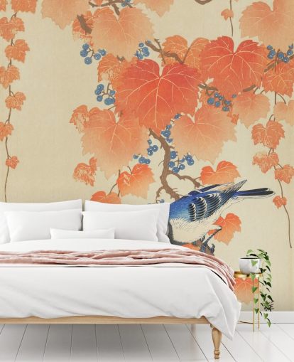 papier peint feuilles d'orange et mésange bleue