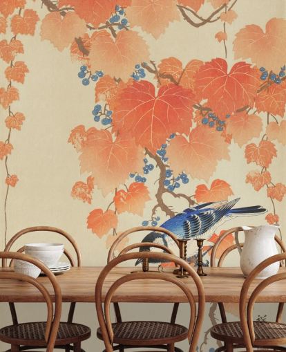 oranje bladeren en blauwe mees behang