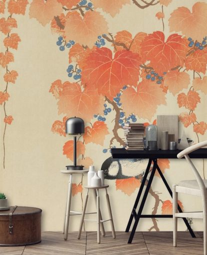 folhas de laranja e papel de parede azul