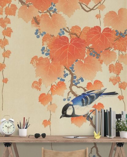 orange leaves and blue tit wallpaper