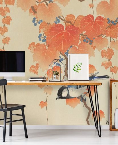 carta da parati foglie arancioni e cincia