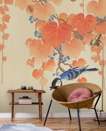 oranje bladeren en blauwe mees behang