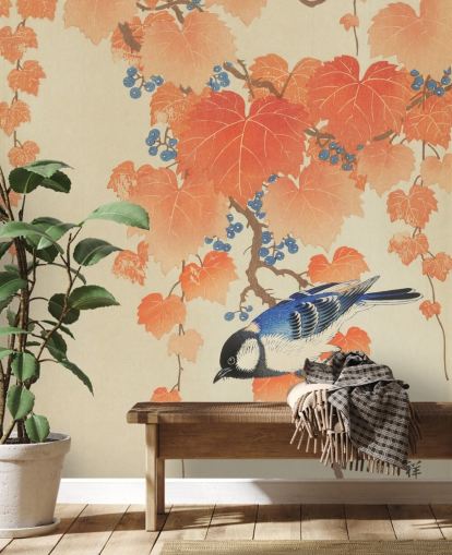 oranje bladeren en blauwe mees behang oranje bladeren en blauwe mees behang